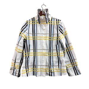 Abbie Mags Womens Plaid Rain Jacket  White Yellow & Blue Stripes